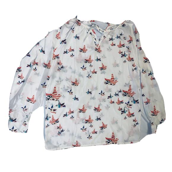 XL NAIZI Womens White w Patriotic Birds Doves Blouse Keyhole Front and Back EUC - Picture 2 of 12